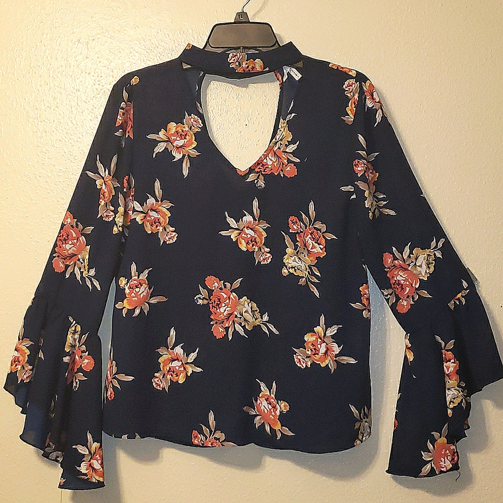 Navy bell sleeve floral top